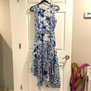 NWT Calvin Klein Blue Floral Sleeveless Drop Waist Handkerchief Hem Midi